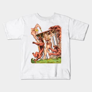 pin up girl trapped in a cage surrounded by wild jungle panthers retro vintage comic book pulp Kids T-Shirt